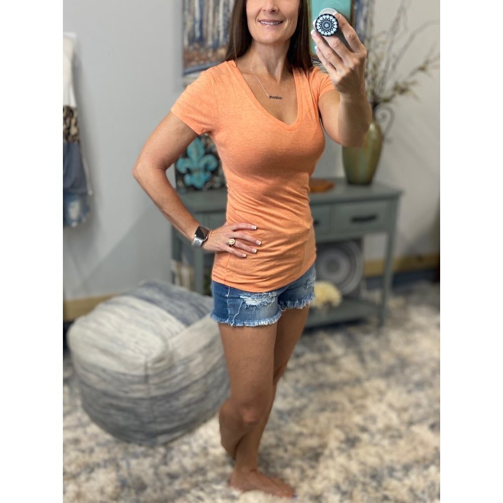 V Neck Melange Basic Short Sleeve Baby Tee Orange 1318